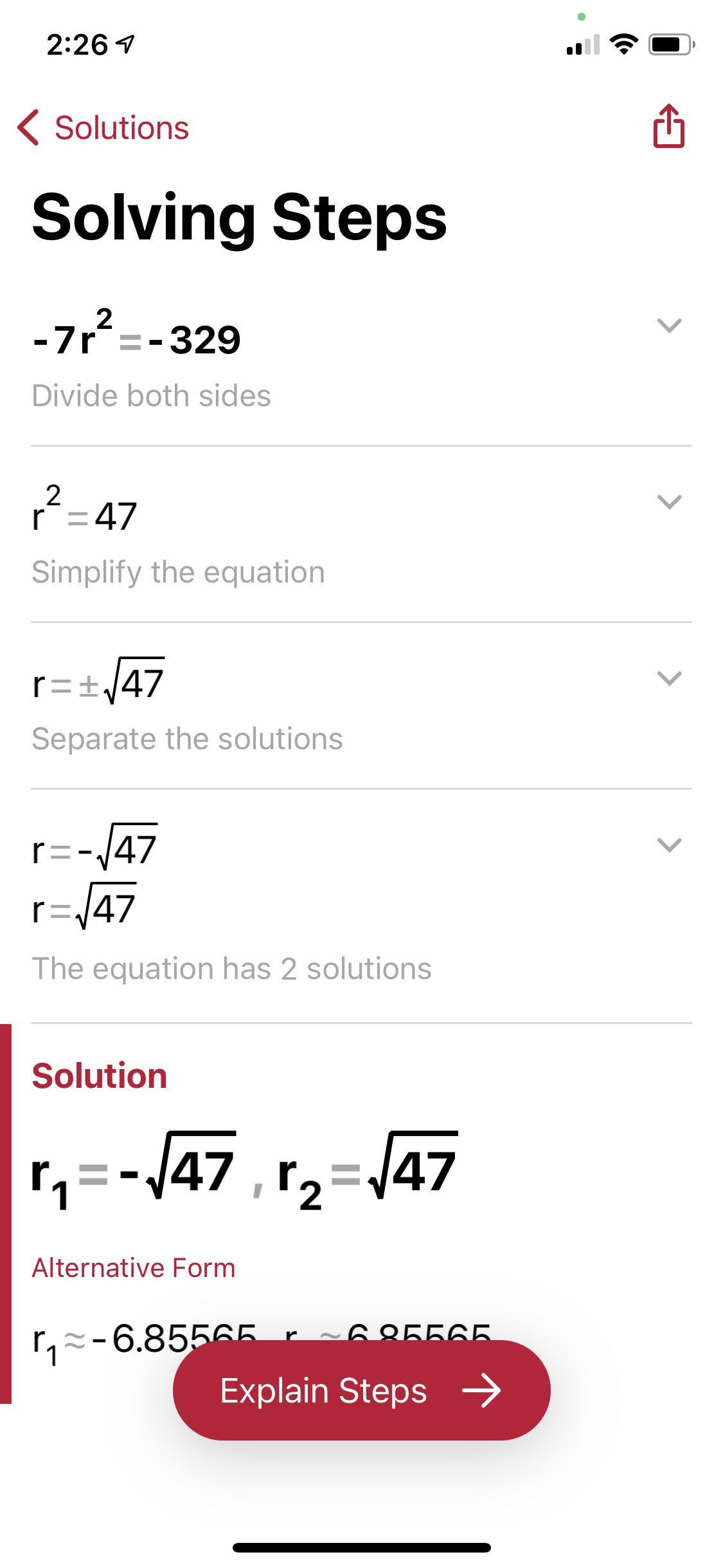 -7r^2= -329 square root property