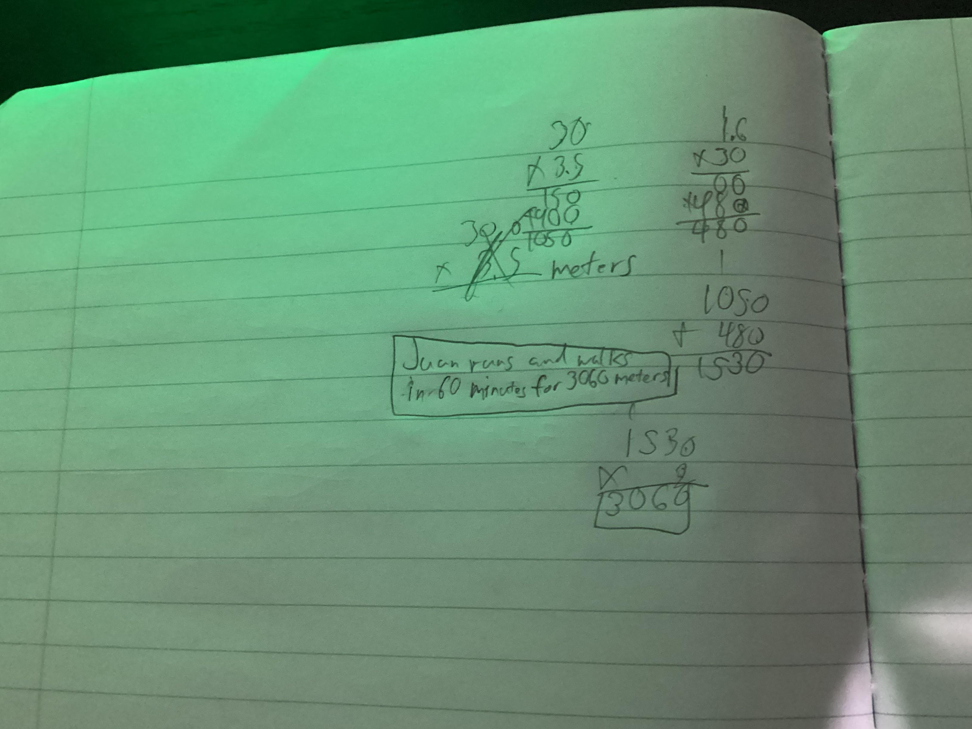 Juan runs at a constant speed of 3.5 meters per second for 1/2 hour. Then, he walks at a rate of 1.6