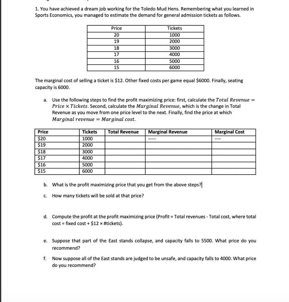 The Marginal Cost Of Selling A Ticket Is $12. Other Fixed Costs Per Game Equal $6000. Finally, Seating