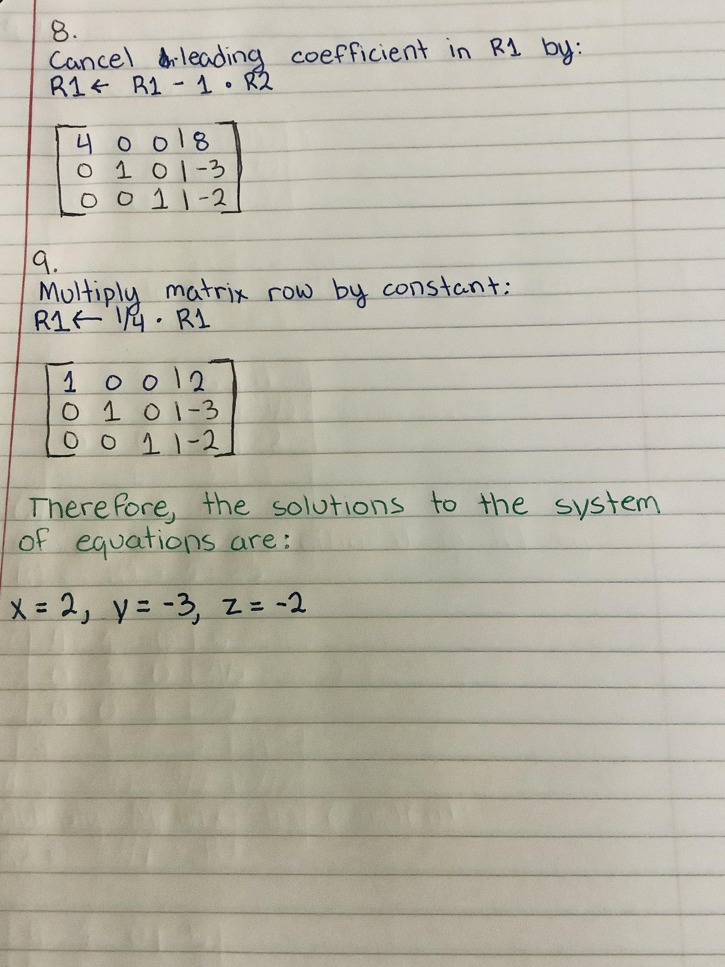 Solve the system of equations using Gaussian elimination.[tex]4x+y-3z &amp;= 11 \\2x-3y+2z &amp;= 9 \\x+y+z