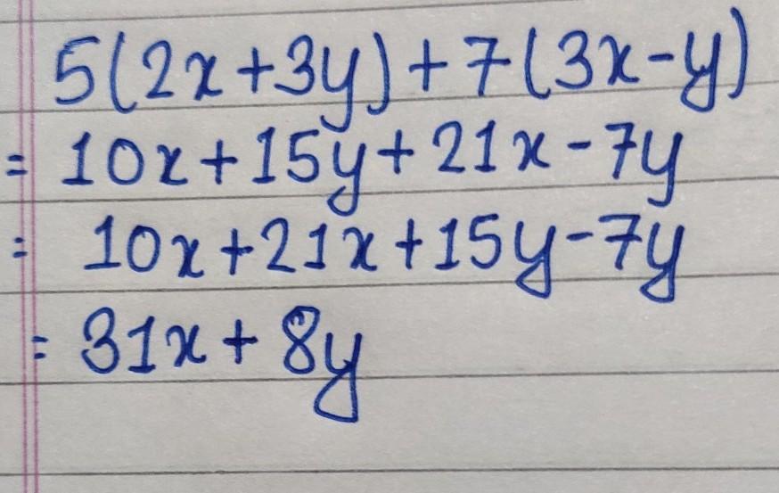 What Is 5(2x + 3y) + 7(3x Y) Simplified 