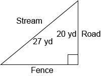 A field in the shape of a right triangle is boarded on one side by a stream, on another side by a road,