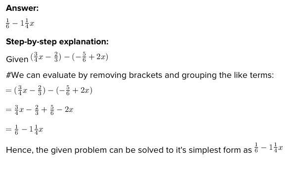 What is the difference of (Three-fourths x minus two-thirds) minus (Negative StartFraction 5 over 6 EndFraction