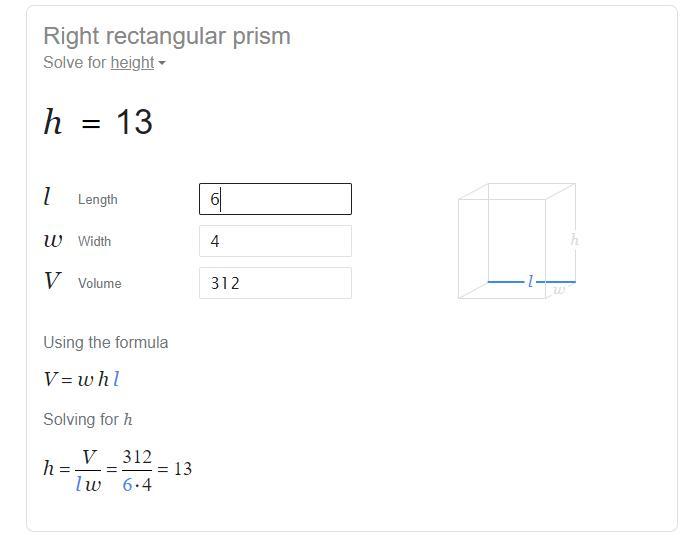 The volume of the rectangular prism is 312 cm2 h 4 cm 6 cm What is the height of the prism? Height =