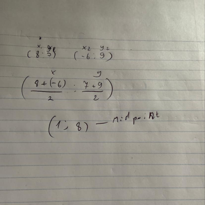 Find the midpoint of the segment with the given endpoints.(8,7) and (-6,9)
