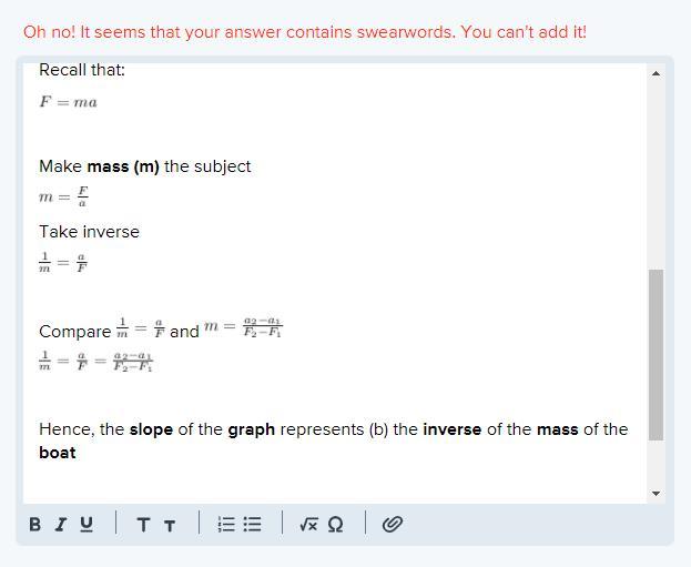 Different amounts of force are applied to the same boat over several trials, and the acceleration is