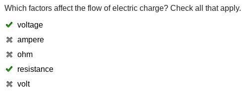 Which Factors Affect The Flow Of Electric Charge? Check All That Apply. -Voltage -Ampere -Ohm -Resistance