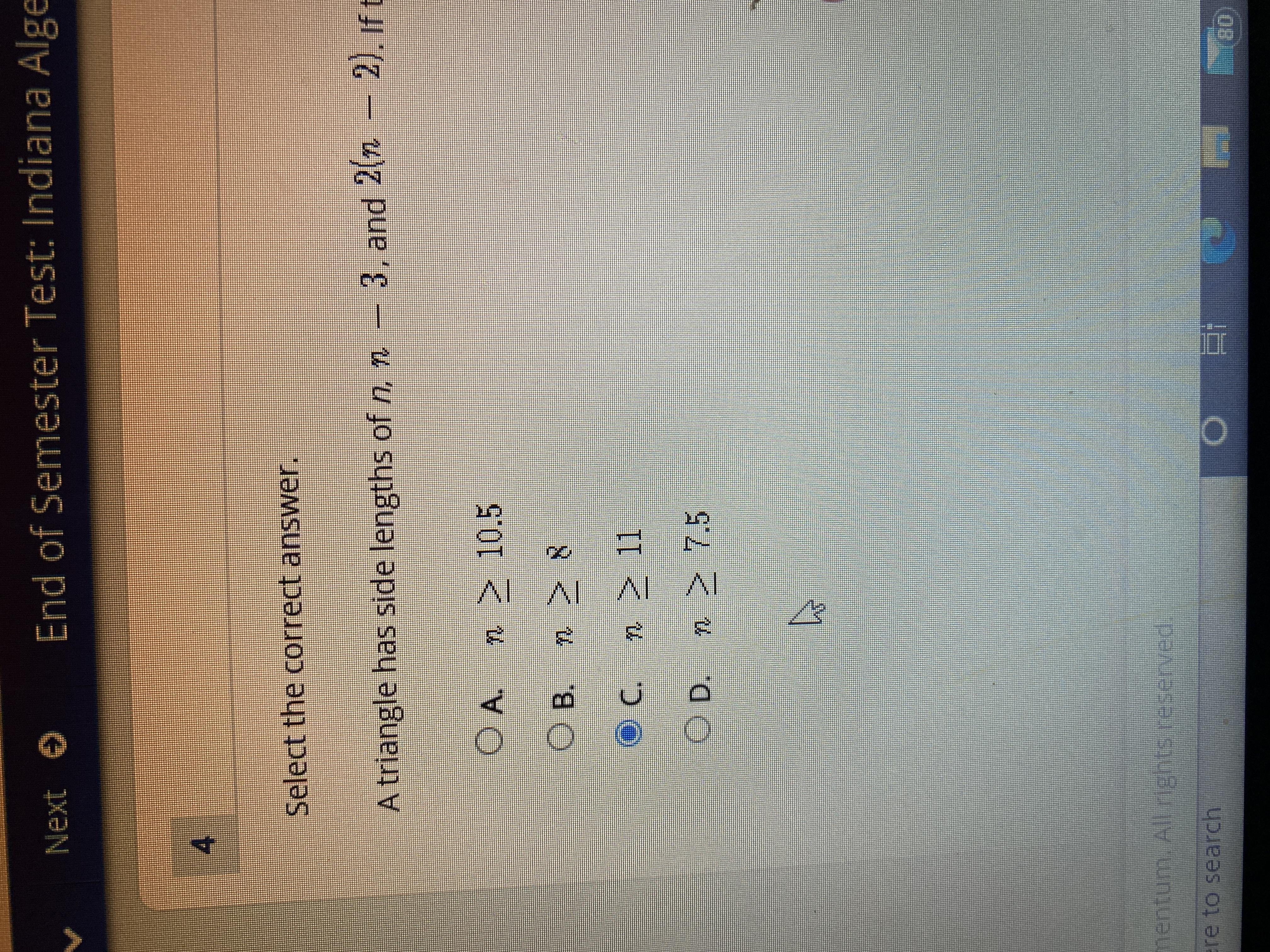 A triangle has side lengths of n, n - 3, and 2(n 2). If the perimeter of the triangle is at least 37