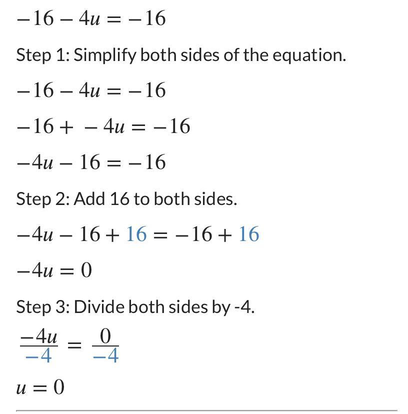 Solve for u. -16-4u= 16