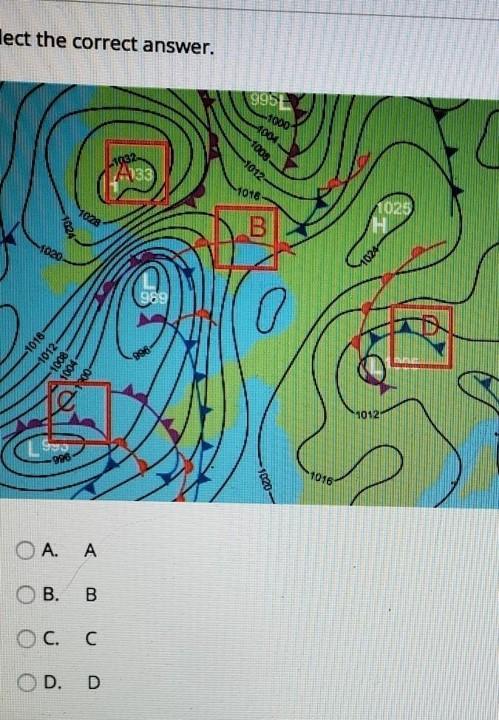 Select the correct answer.Map representing Low and High wind pressure areas. Also, has A, B, C, and D