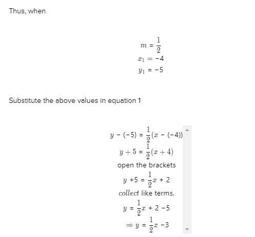 Find the equation of the line with slope 1/2 and going through the point (-4,-5). Put in slope-intercept