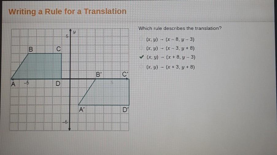 2 trapezoids are shown. Trapezoid 1 has points A (negative 7, 0), B (negative 5, 3), C (negative 1, 3),