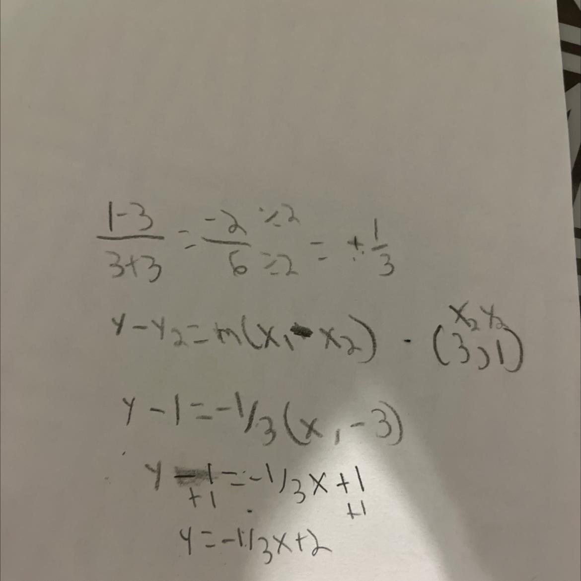 Write the equation of the line passing through the points (-3,3) and (3,1).The equation of the line is?