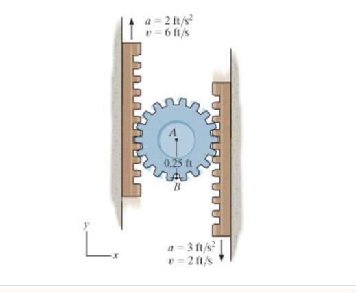 At a given instant, the gear racks have the velocities and accelerations shown.Determine the acceleration