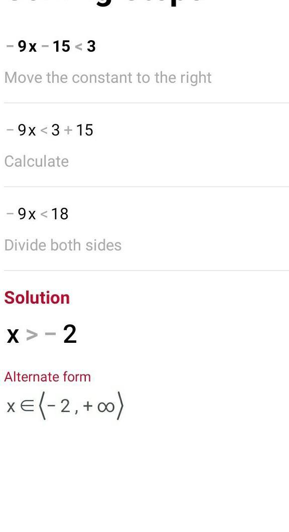 What is the solution to this inequality?-9x - 15 &lt; 3 A. X&lt; 2B. X &gt; -2C. X &lt; -2D. X &gt; 2