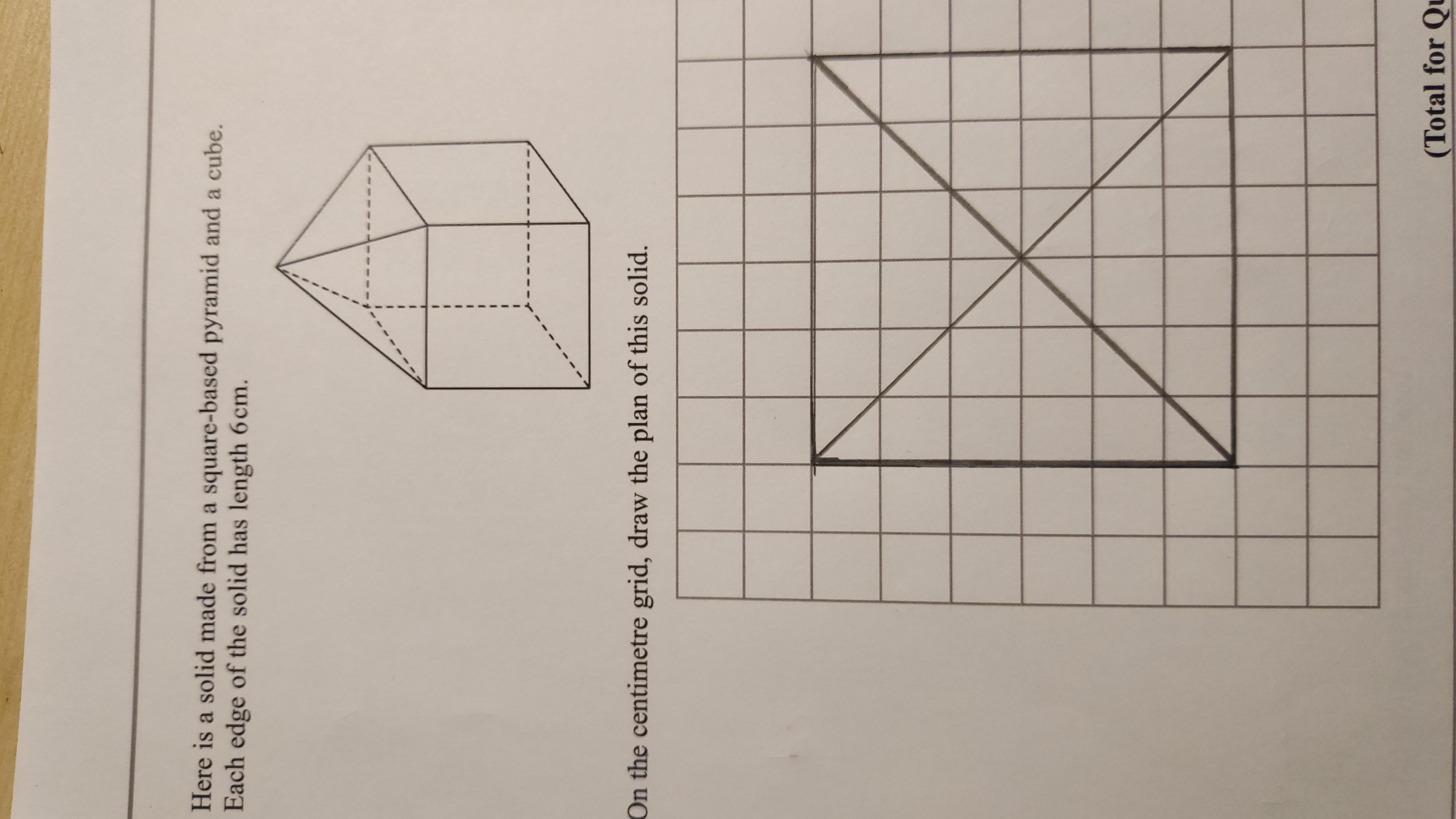 22 -- Here is a solid made from a square-based pyramid and a cube.Each edge of the solid has length 6