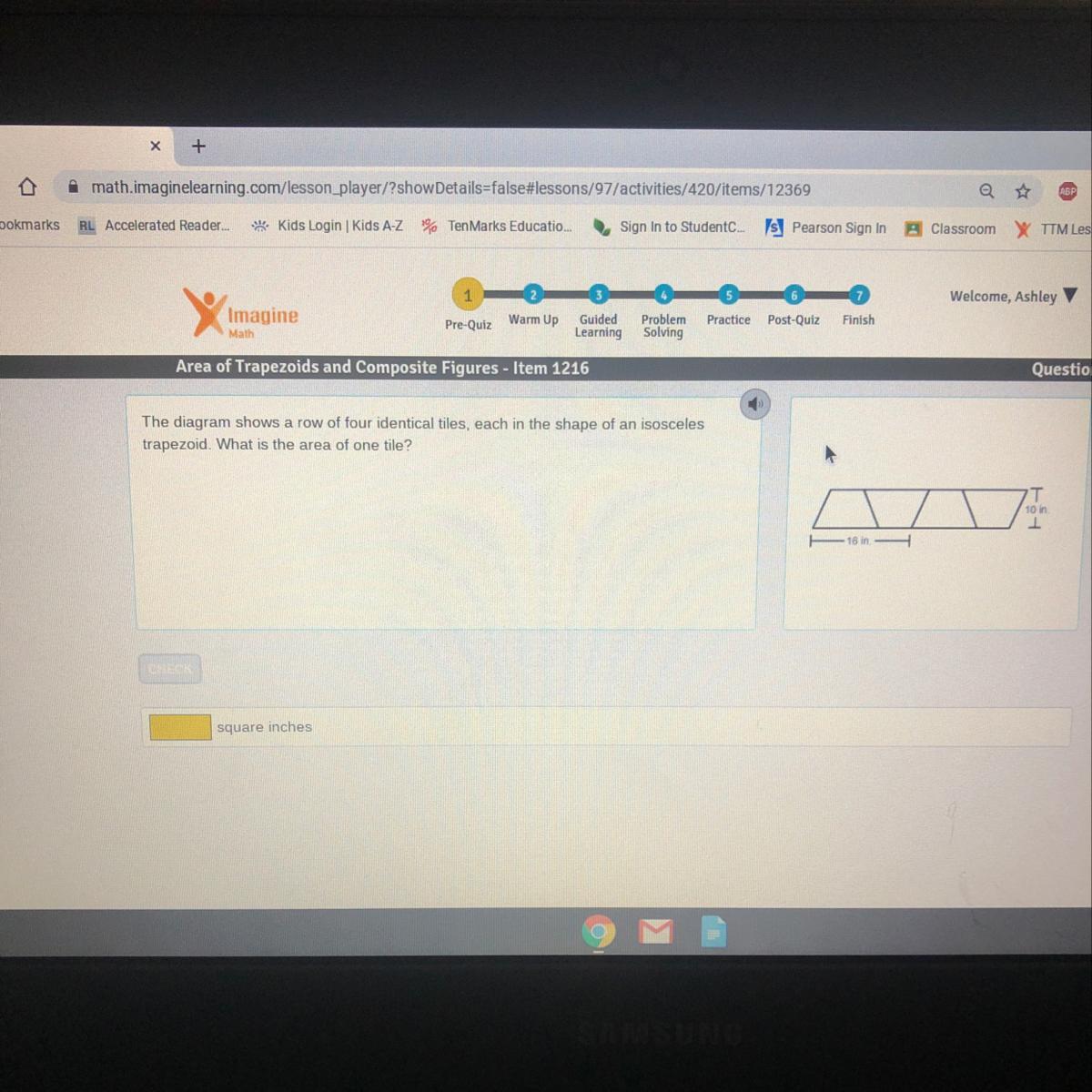 The diagram shows a row of four identical tiles, each in the shape of an isoscelestrapezoid. What is