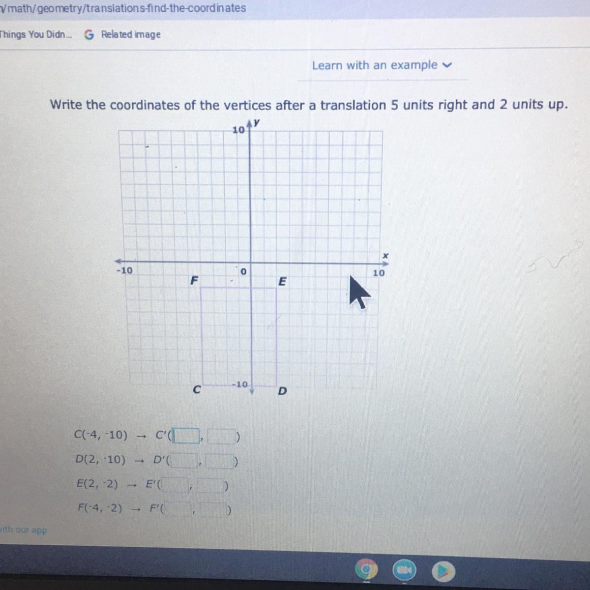 Write the coordinates of the vertices after a translation 5 units right and 2 units up.101Y- 10010FE10DC(-4,