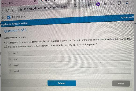 Select the correct answer.A circular spinner for a backyard game is divided into 9 sectors of equal size.
