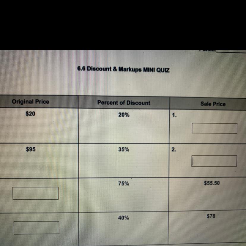 Original PricePercent of DiscountSale Price$2020%1.$9535%2.T75%$55.503.40%$784.Blank? 40% $78
