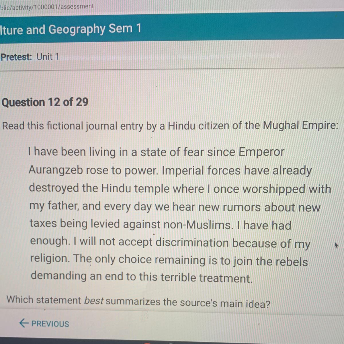 Which statement best summarizes the source's main idea?A. Religious intolerance led non-Muslim citizens