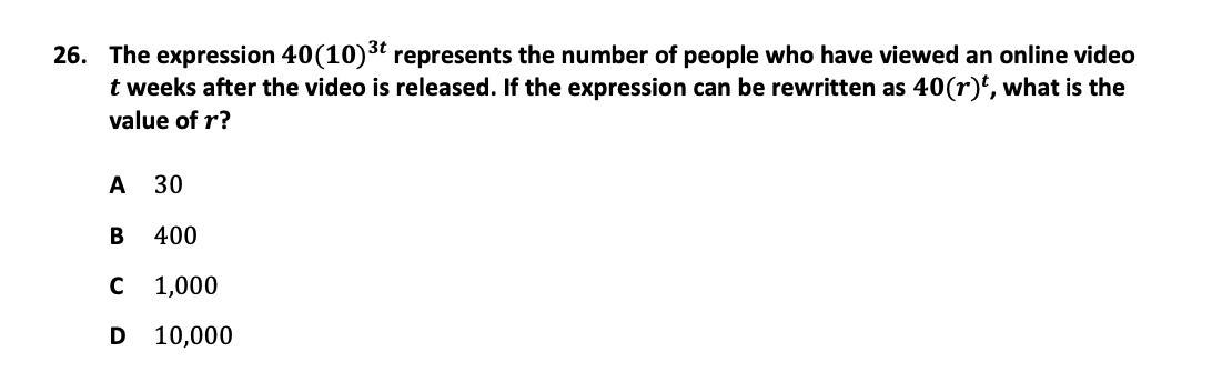 The expression 40(10)3t represents the number of people who have viewed an online video t weeks after