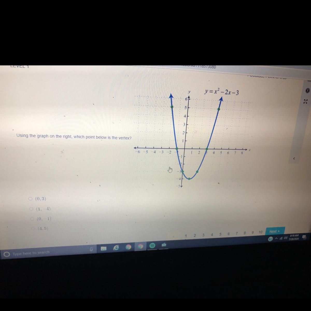 using the grapgh on the right which point below is the vertex