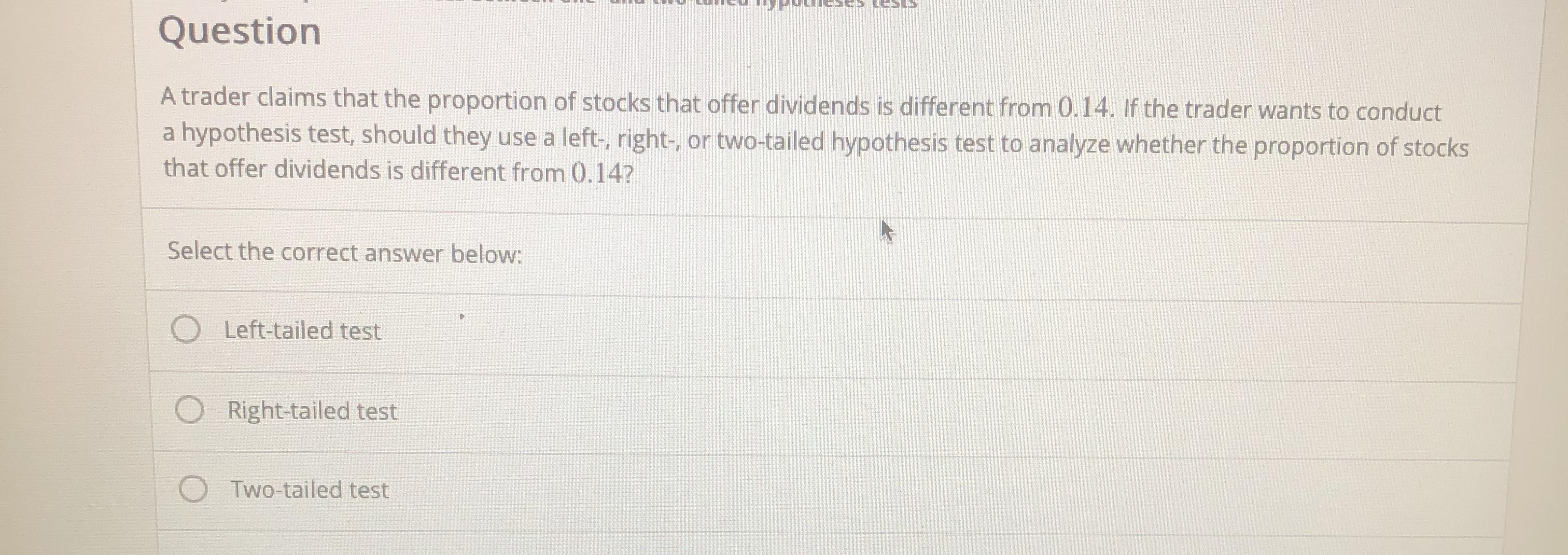 A trader claims that the proportion of stocks that offer dividends is different from 0.14. If the trader