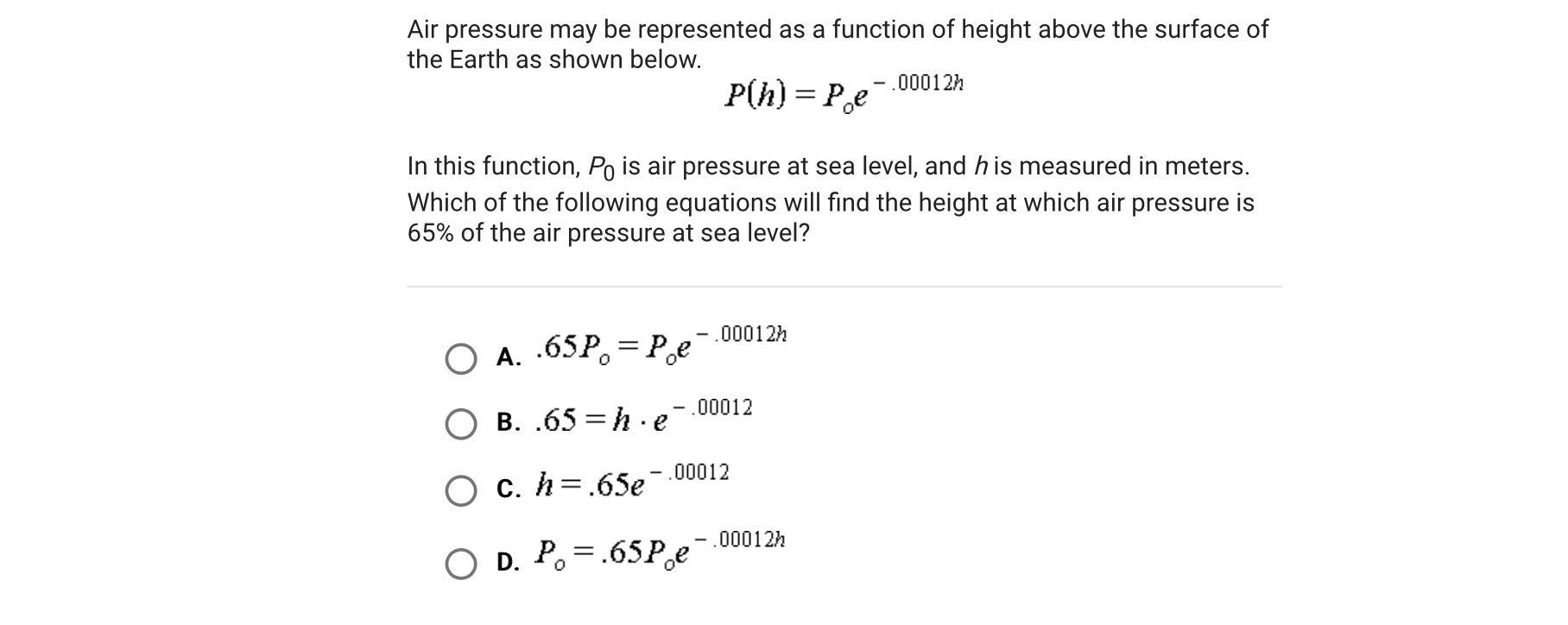 Air Pressure May Be Represented As A Function Of Height Above The Surface Of The Earth As Shown Below.In
