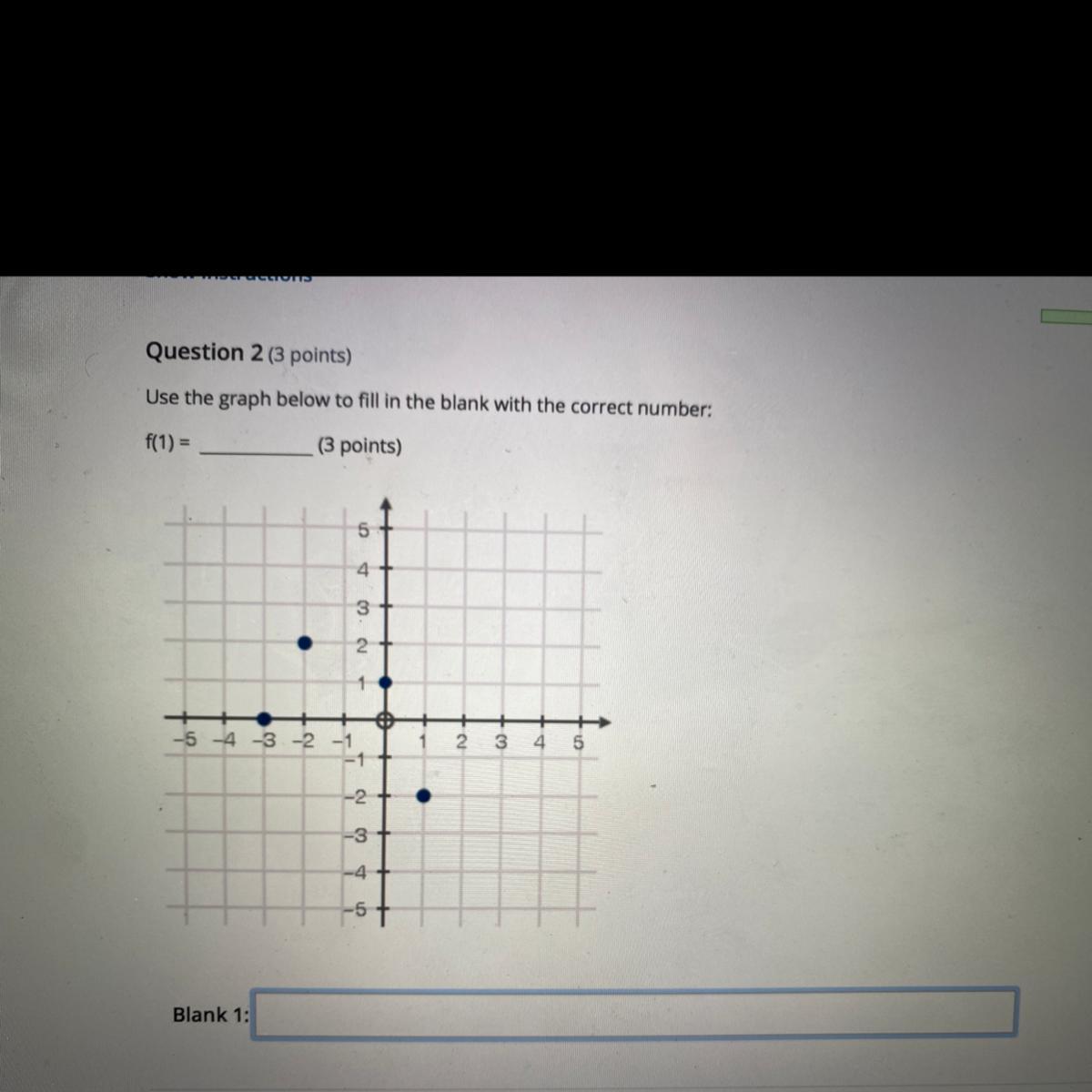 Question 2 (3 points)Use the graph below to fill in the blank with the correct number:f(1) =(3 points)543.2.13-5