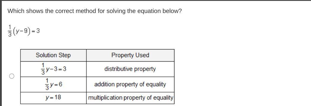 Which shows the correct method for solving the equation below? One-third (y minus 9) = 3 A 2-column table
