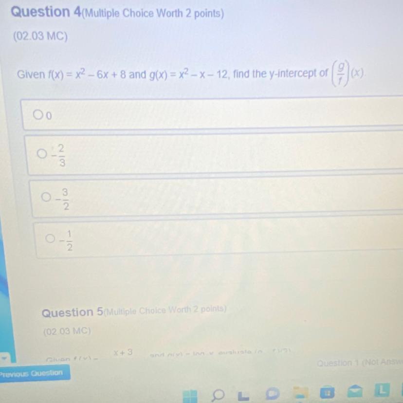 given f(x)=x^2-6x+8 and g(x)=x^2-x-12, find the y intercept of (g/f)(x)