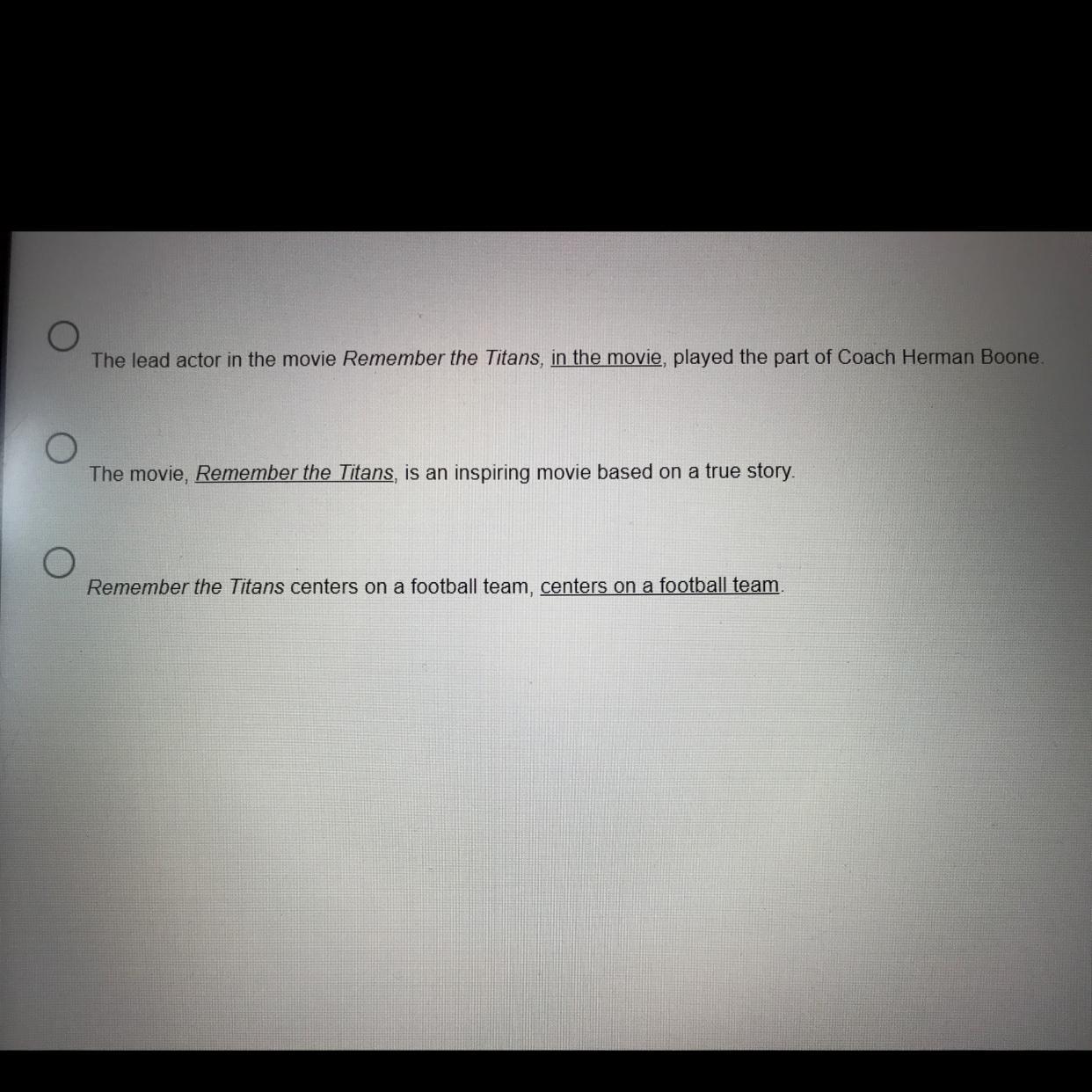 1. In which sentence is an essential appositive or appositive phrase underlined?