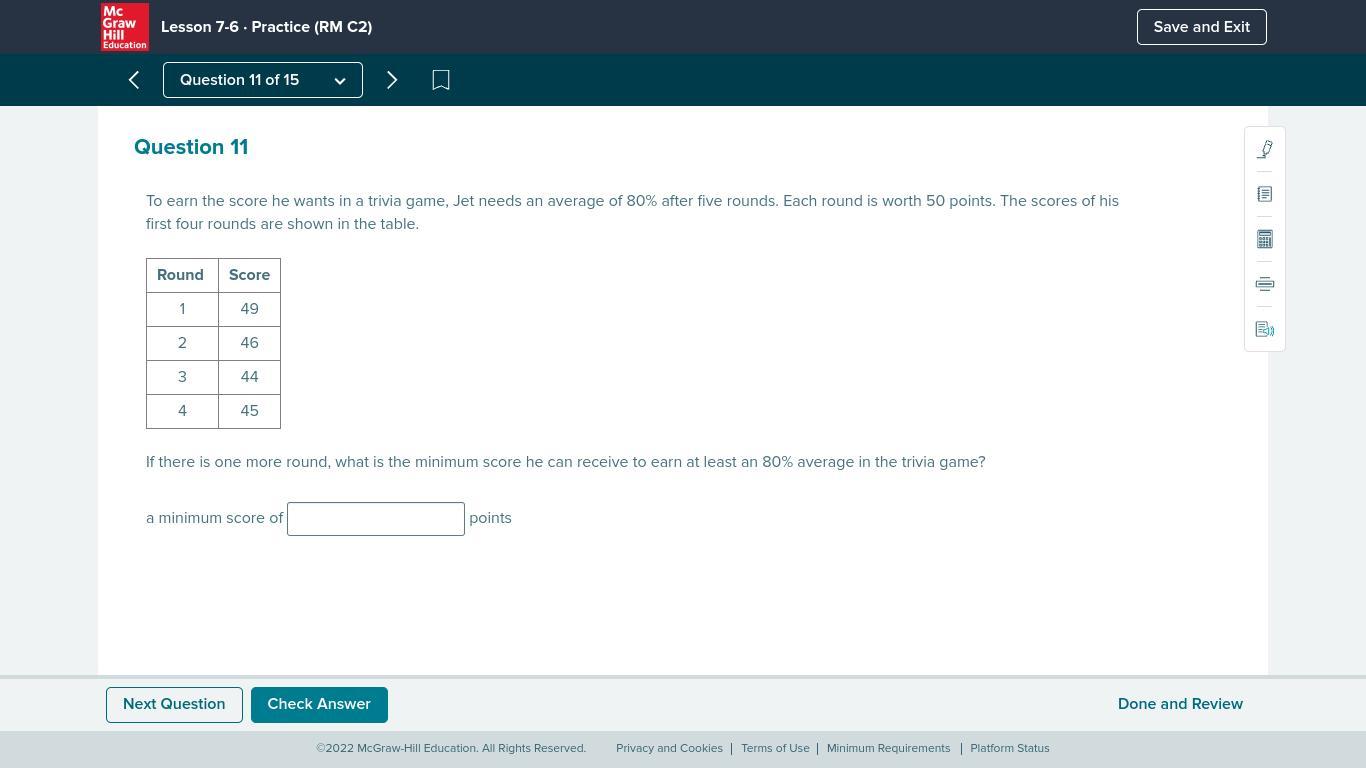 To earn the score he wants in a trivia game, Jet needs an average of 80% after five rounds. Each round