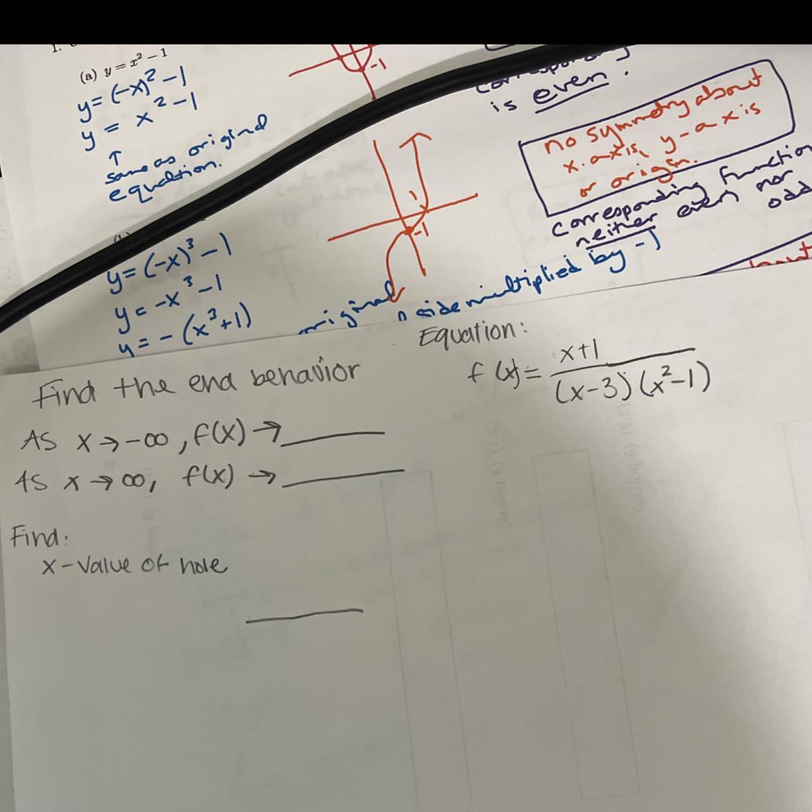 Fine the end behavior and x-value of holeEquation is to the right 