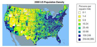 The map shows population density in the United States. What kind of map is this? choropleth dot density