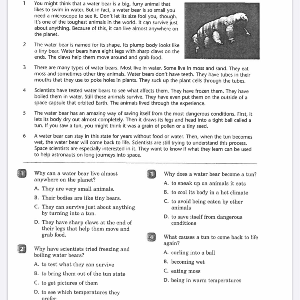 Try These questions out and Ill give you brainliest This passage is about water bears 