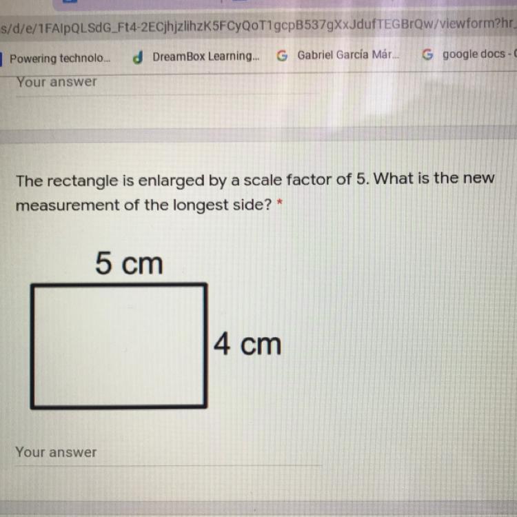The rectangle is enlarged by a scale factor of 5. What is the newmeasurement of the longest side? 
