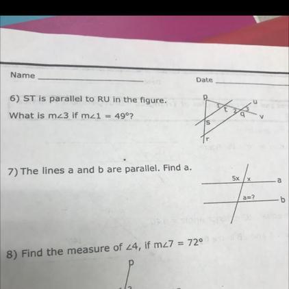 ST is parallel to RU in the figure. What is m&lt;3 if m&lt;1 =49