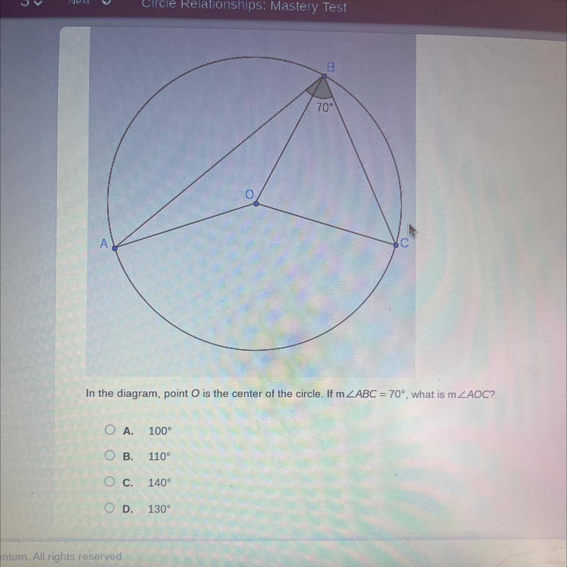 In the diagram O is the center of the circle if MABC equals 70 what is MAOC 