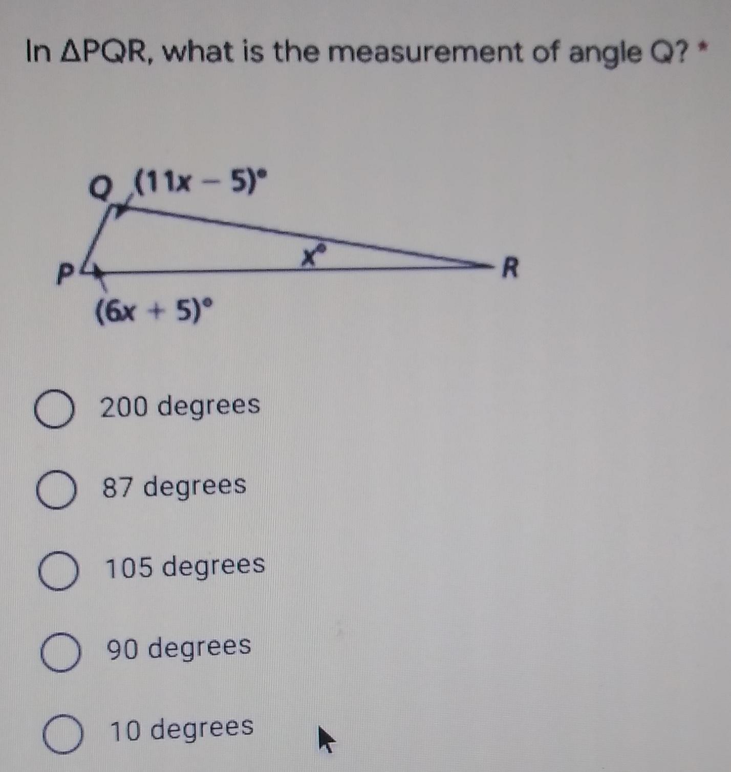 in pqr, what is the measurement of angle Q? 200 degrees871059010 