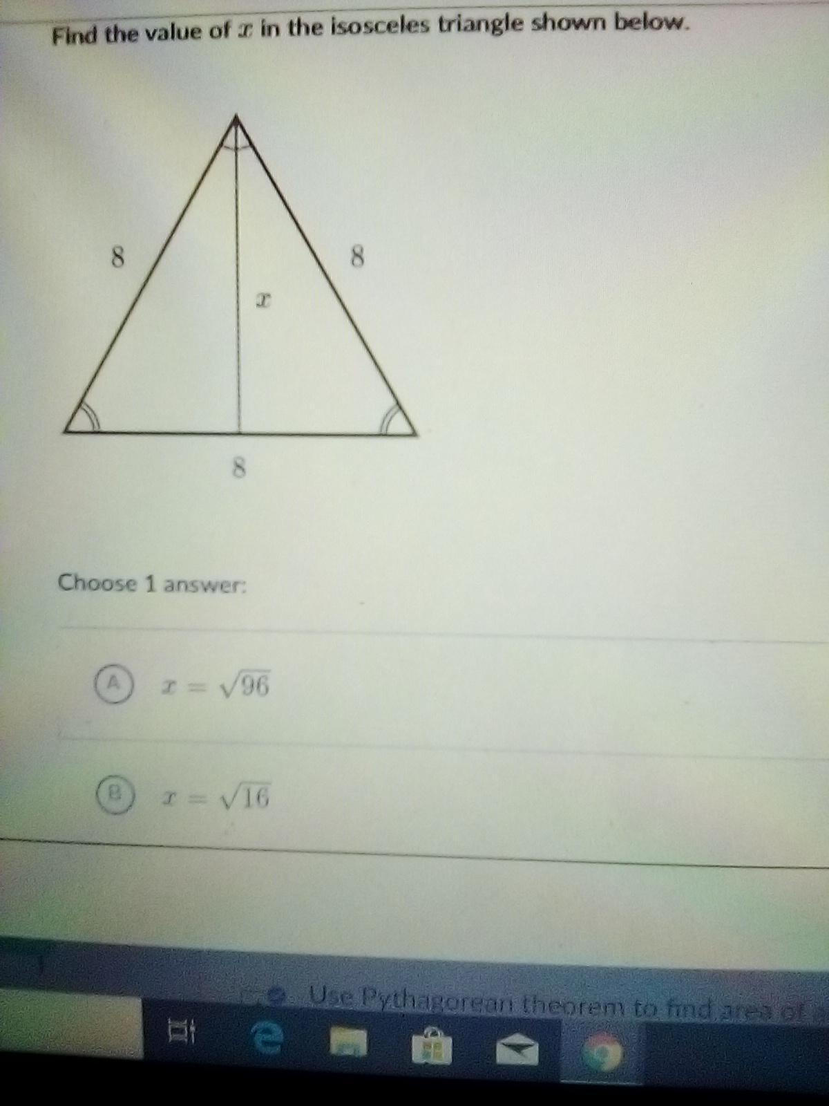 Find the value of x in the isosceles triangle shown below.