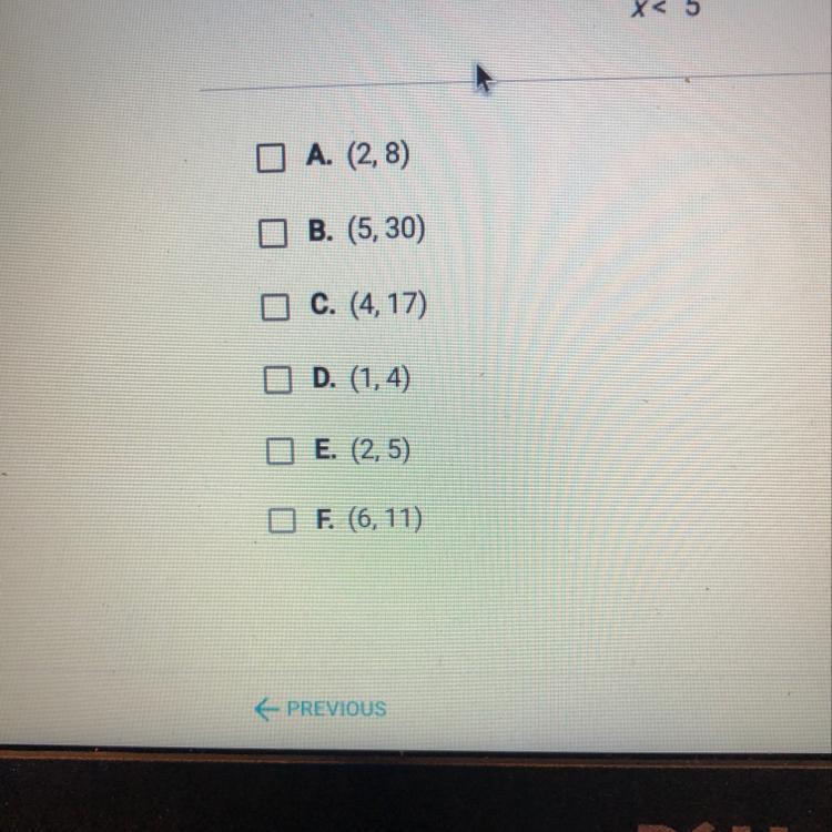 Check all of the points that are solutions to the system of inequalities.Y=&gt;5x-3X&lt;5