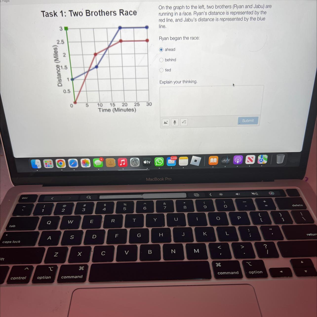 On the graph to the left, two brothers (Ryan and Jabu) are running in a race. Ryan's distance is represented