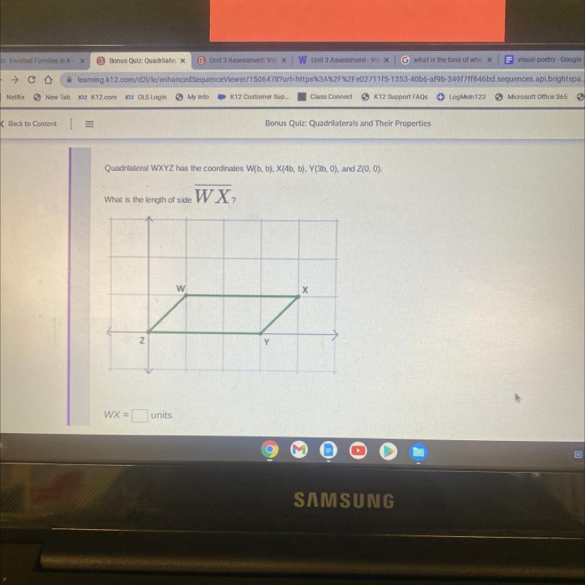 Quadrilateral WXYZ has the coordinates W(b, b), X(4b, b), Y(3b, 0), and Z(0, 0).What is the length of