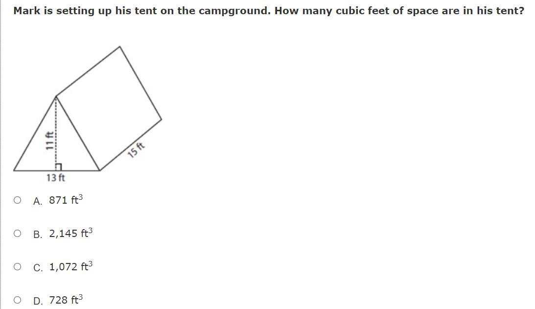 PLEASE HELP FAST! Mark is setting up his tent on the campground. How many cubic feet of space are in
