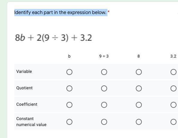 Identify each part in the expression below. will give brainliest