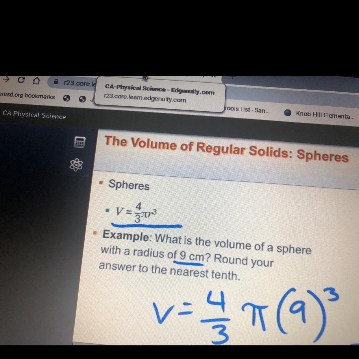 Volume Equals 43 Times Pi Times Nine To The Power Of 3 