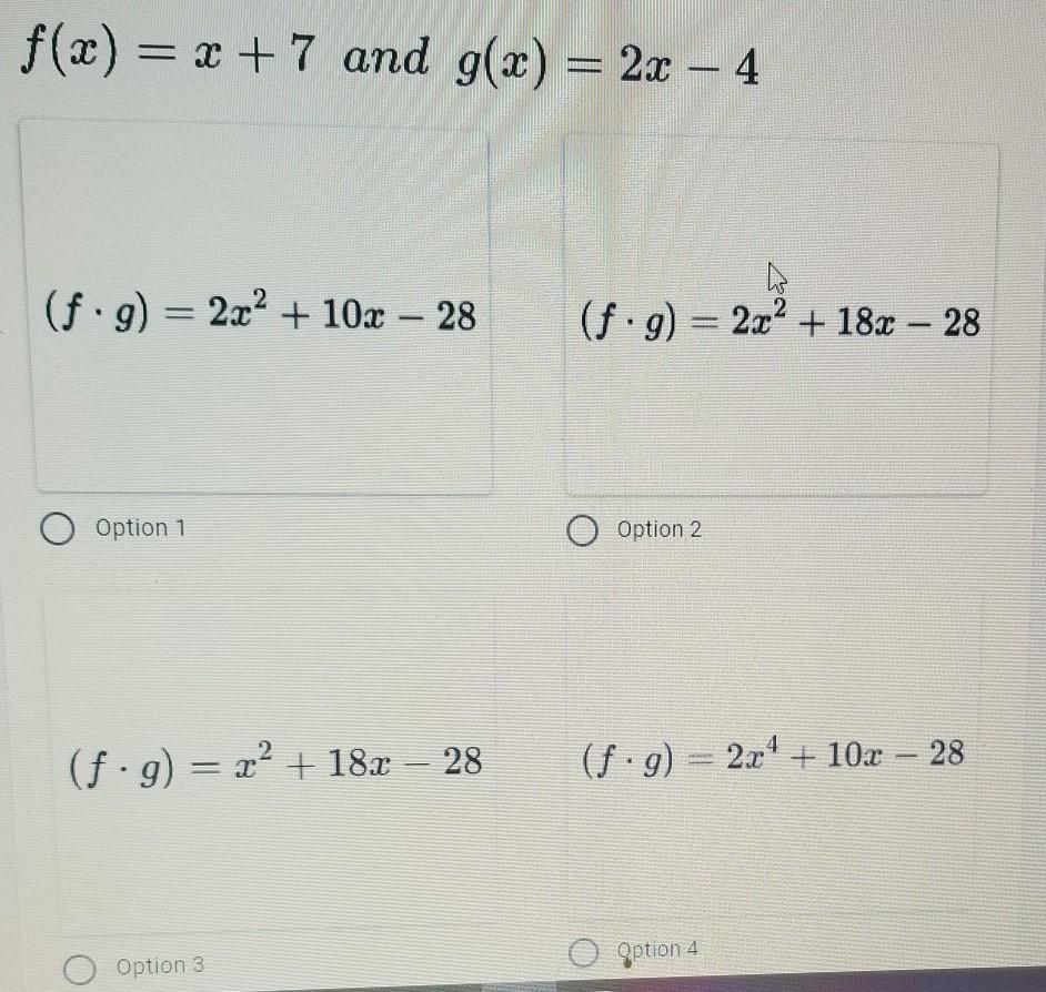 Find each new function in simplest form of : f x g Which of the four options is it? Also please explain