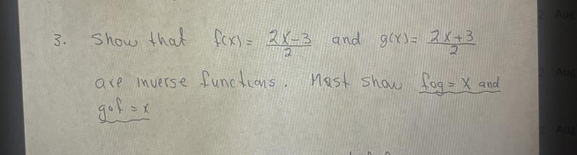 Show that f(x)= 2x-3/2 &amp; g(x)= 2x+3/2 are inverse fractions. Must show fog=x and gof=x. I really